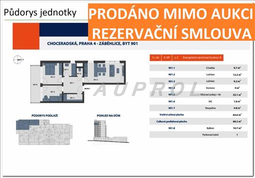 Byt v novostavbě v OV, 3+kk, 75m2 s L, sklep 3m2, garáž, 9p,  Choceradská 3362/2, Praha 4, Kolaudace 8/2022
